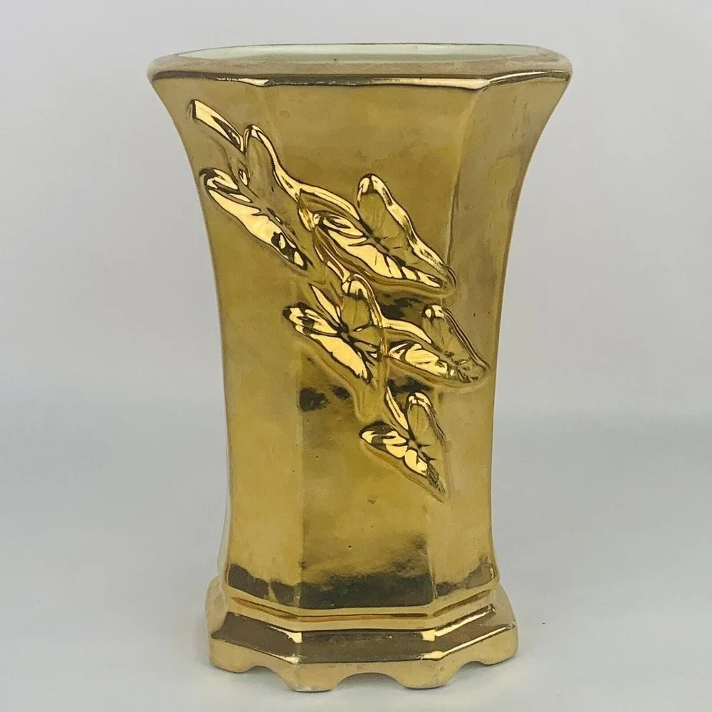 Vintage Gold Glaze Vase MCM Decor Ivy Leaf Flowers Wedding Holiday Metallic